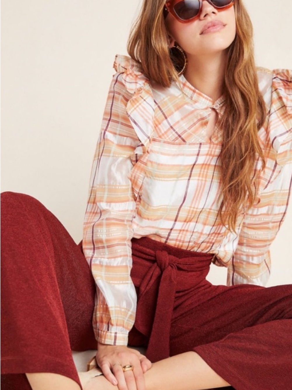Current Air | Anthro NWT Polly Plaid Ruffle Shoulder Long Sleeve Peasant Blouse